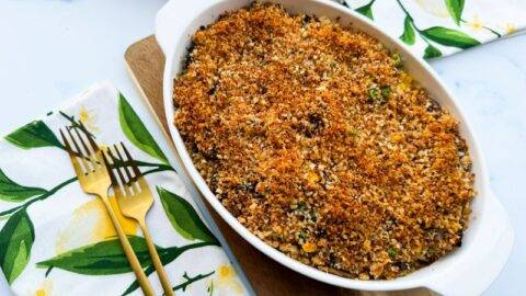 chicken, rice, and veggie casserole on table.