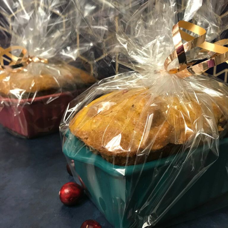 Wrapped ceramic loaf pans with Cranberry, Walnut, Pumpkin Bread