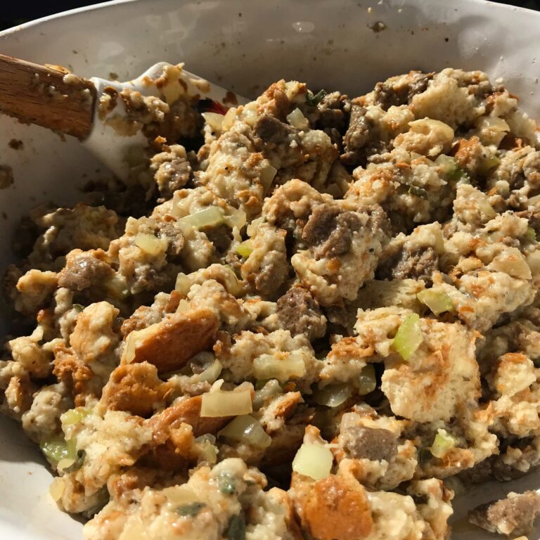 mixed stuffing ingredients in a bowl.