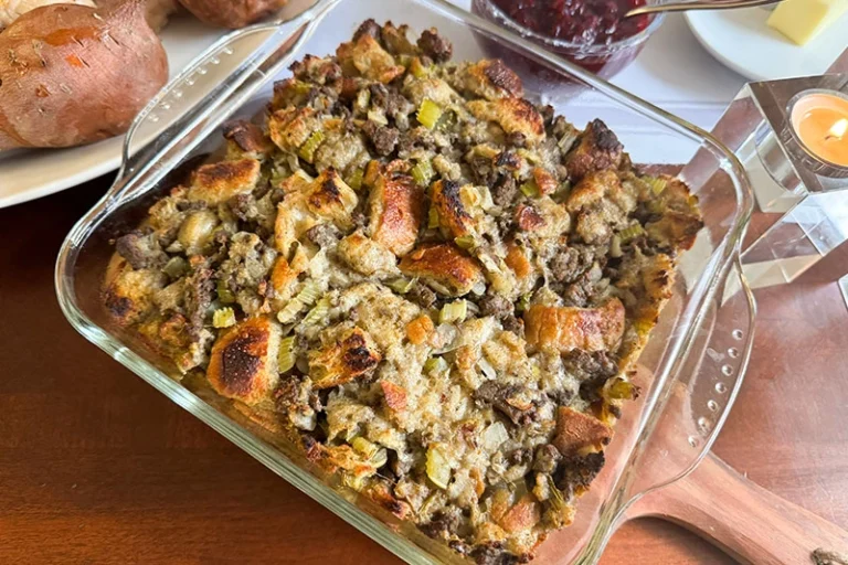 casserole dish of nanny’s stuffing.