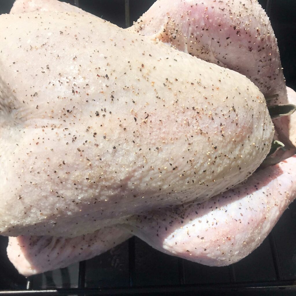 raw turkey prepped and seasoned.
