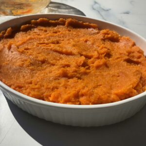 sweet potato souffle in baking dish.