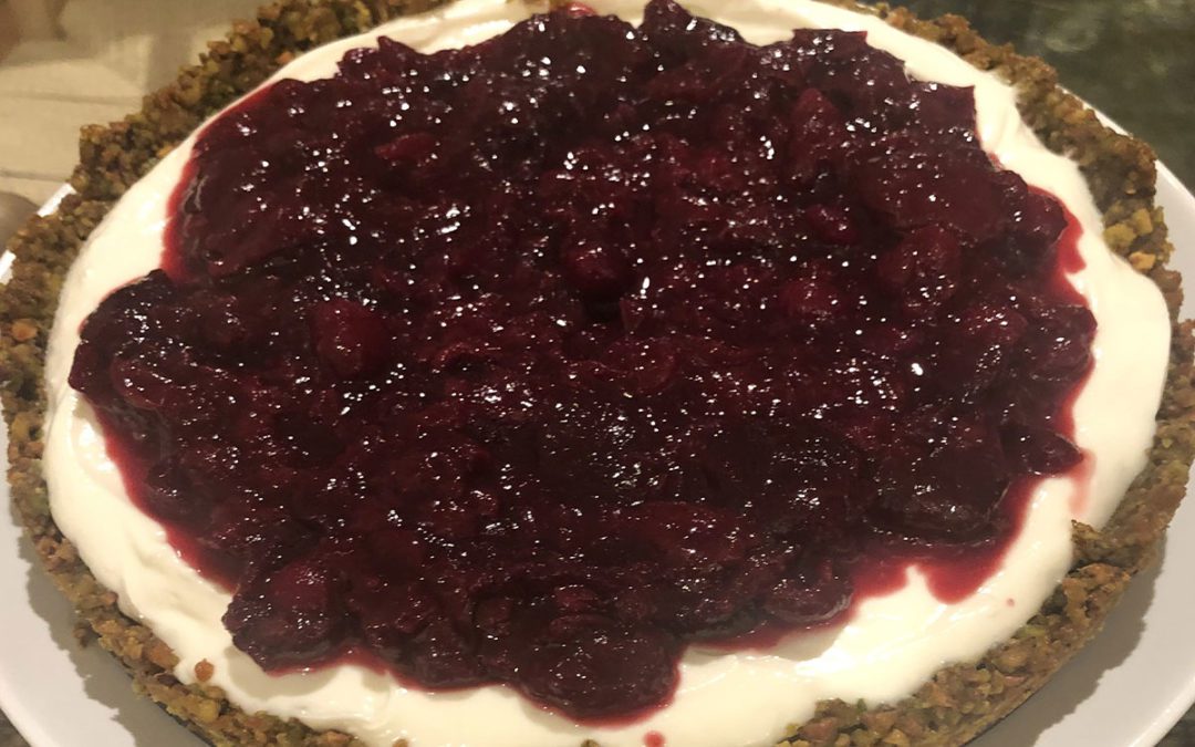 Healthier Cherry-Cranberry Cheesecake with Pistachio Crust