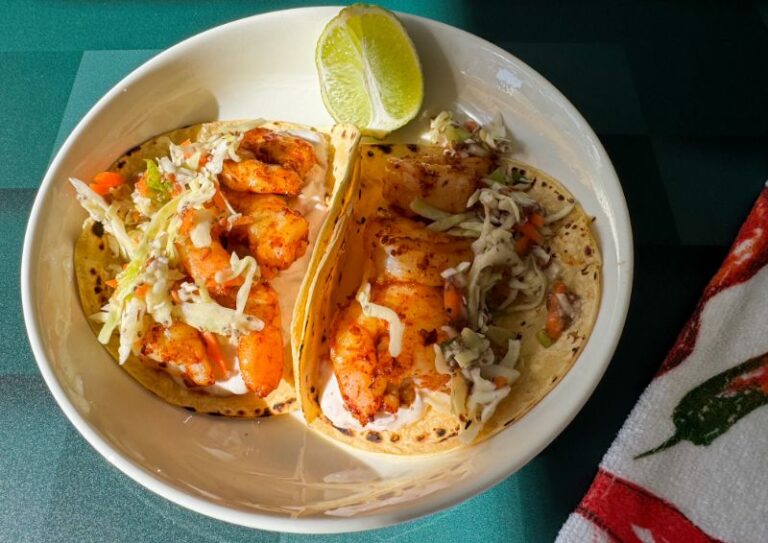 shrimp tacos with chipotle cream and healthy slaw.