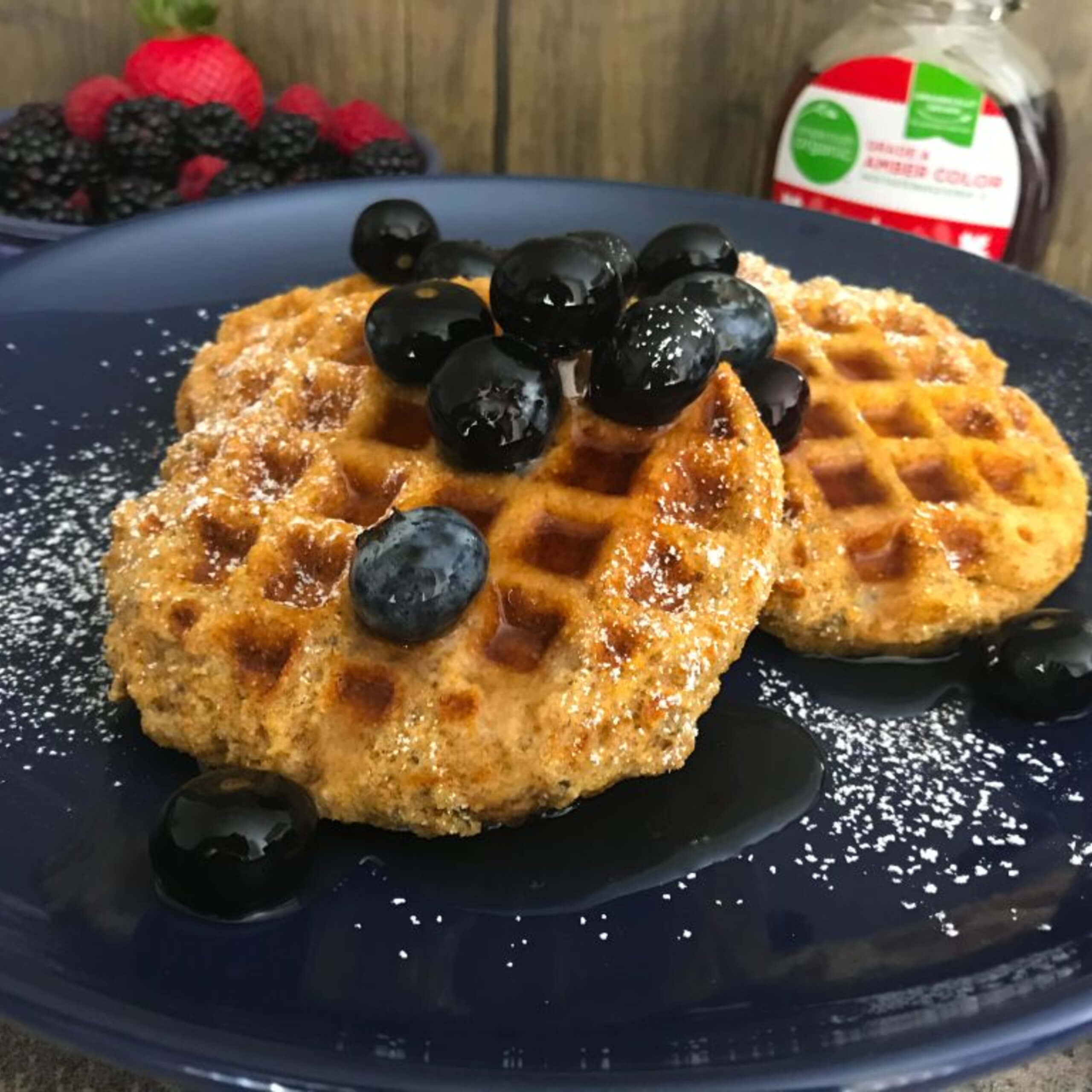 Cornmeal-Chia Waffle with Maple and Blueberry Syrup