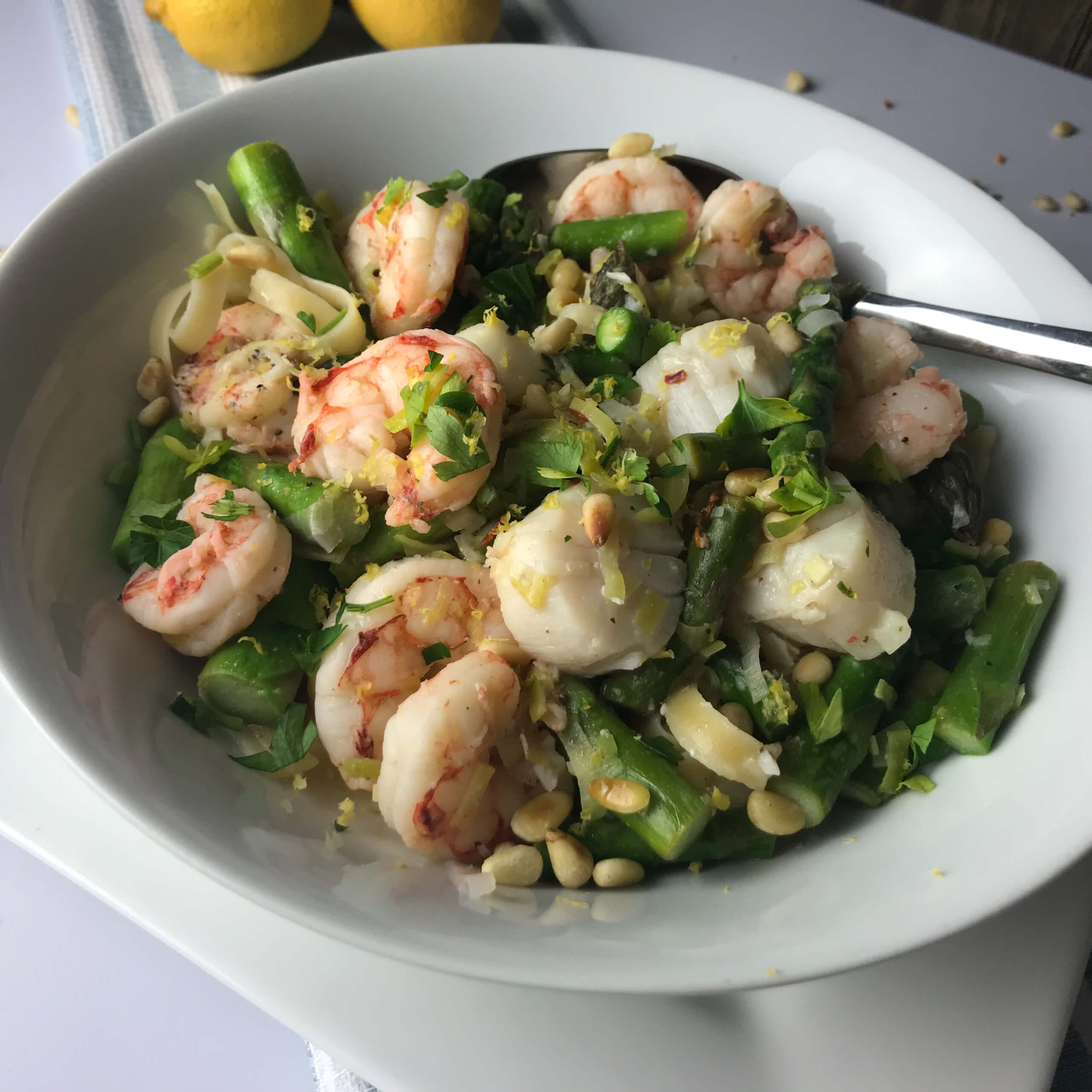 Shrimp, Scallops & Asparagus Linguine | My Curated Tastes