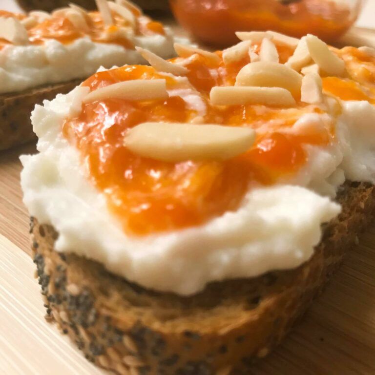 whipped ricotta, apricot jam and almonds on toast
