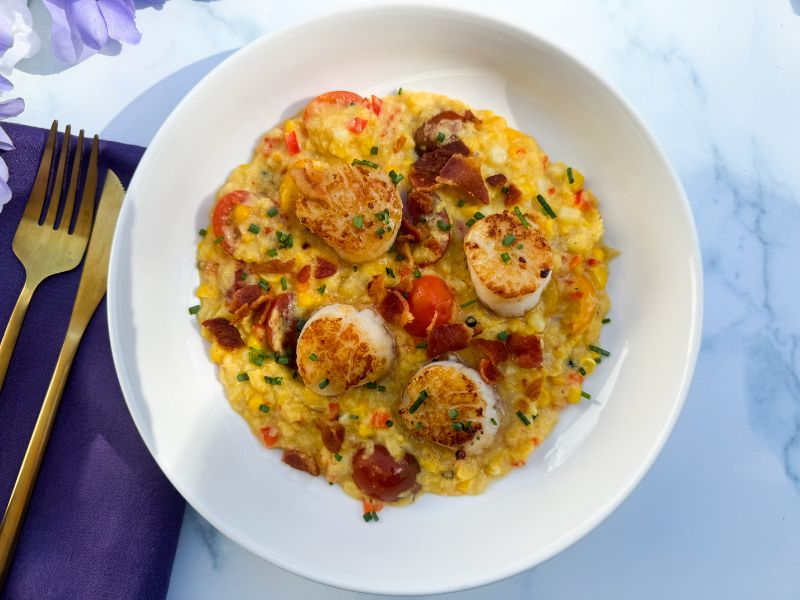 bowl of seared scallops on corn puree.