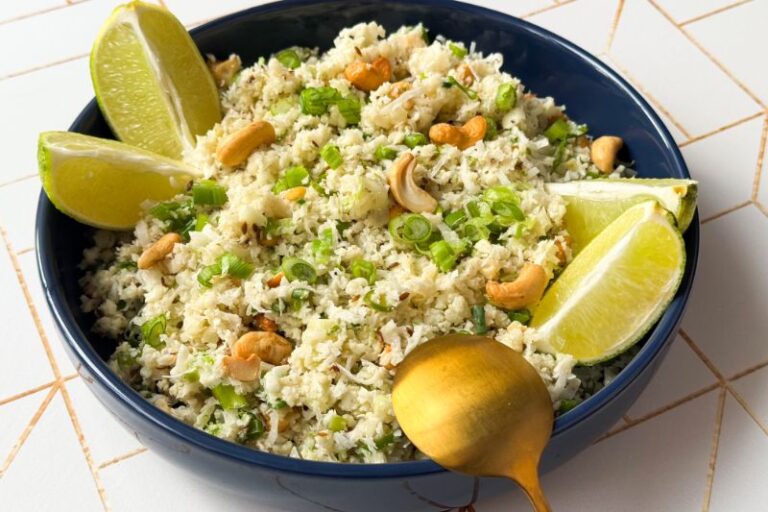 bowl of coconut and cashew cauliflower rice.