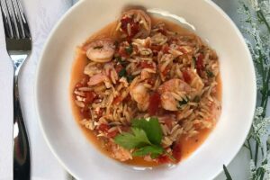 bowl of Greek style shrimp, feta and orzo.