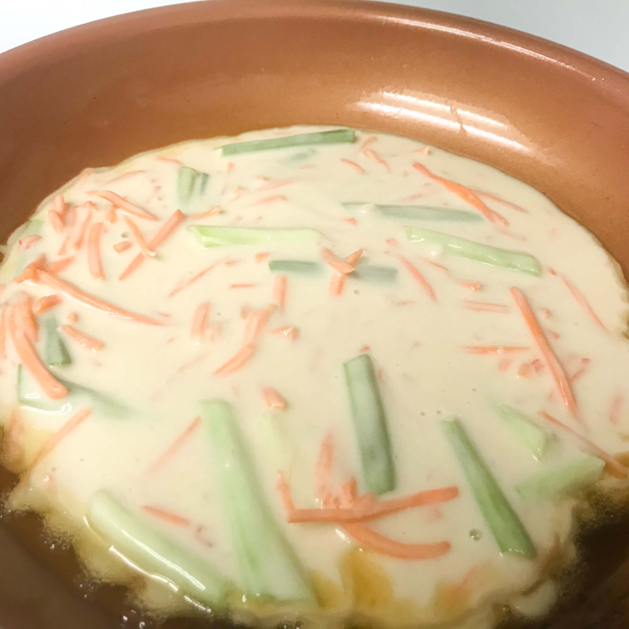 korean pancake mix in skillet
