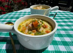 two cups of shrimp & Lobster corn chowder.