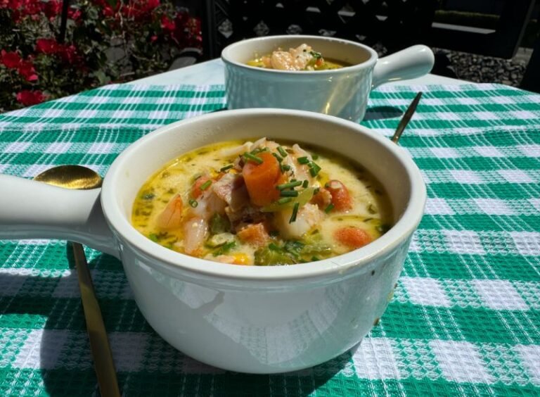 two cups of shrimp & Lobster corn chowder.