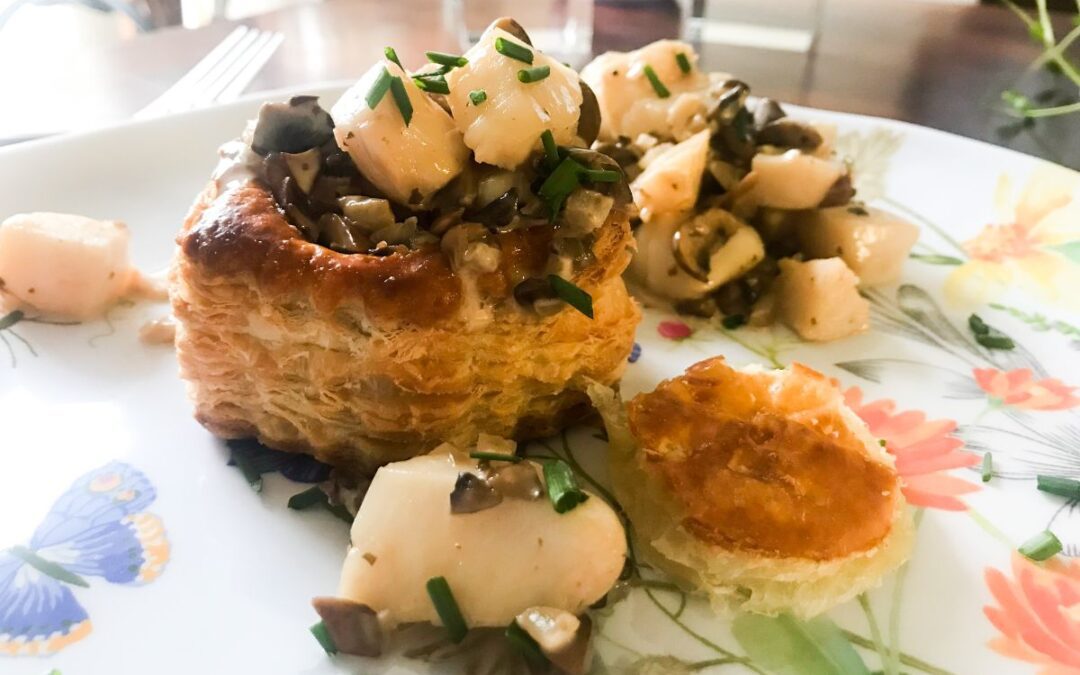 scallops and mushrooms in puff pastry with bourbon cream sauce