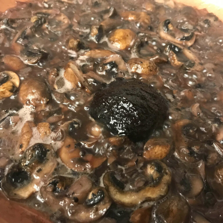 mushroom sauce in skillet.