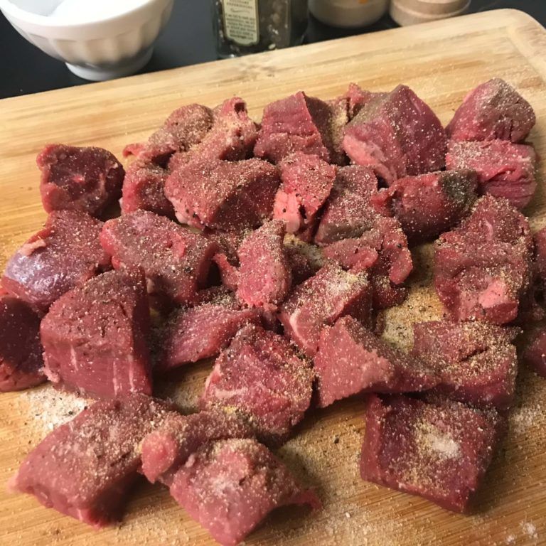 steak cut into bite sized pieces and seasoned.