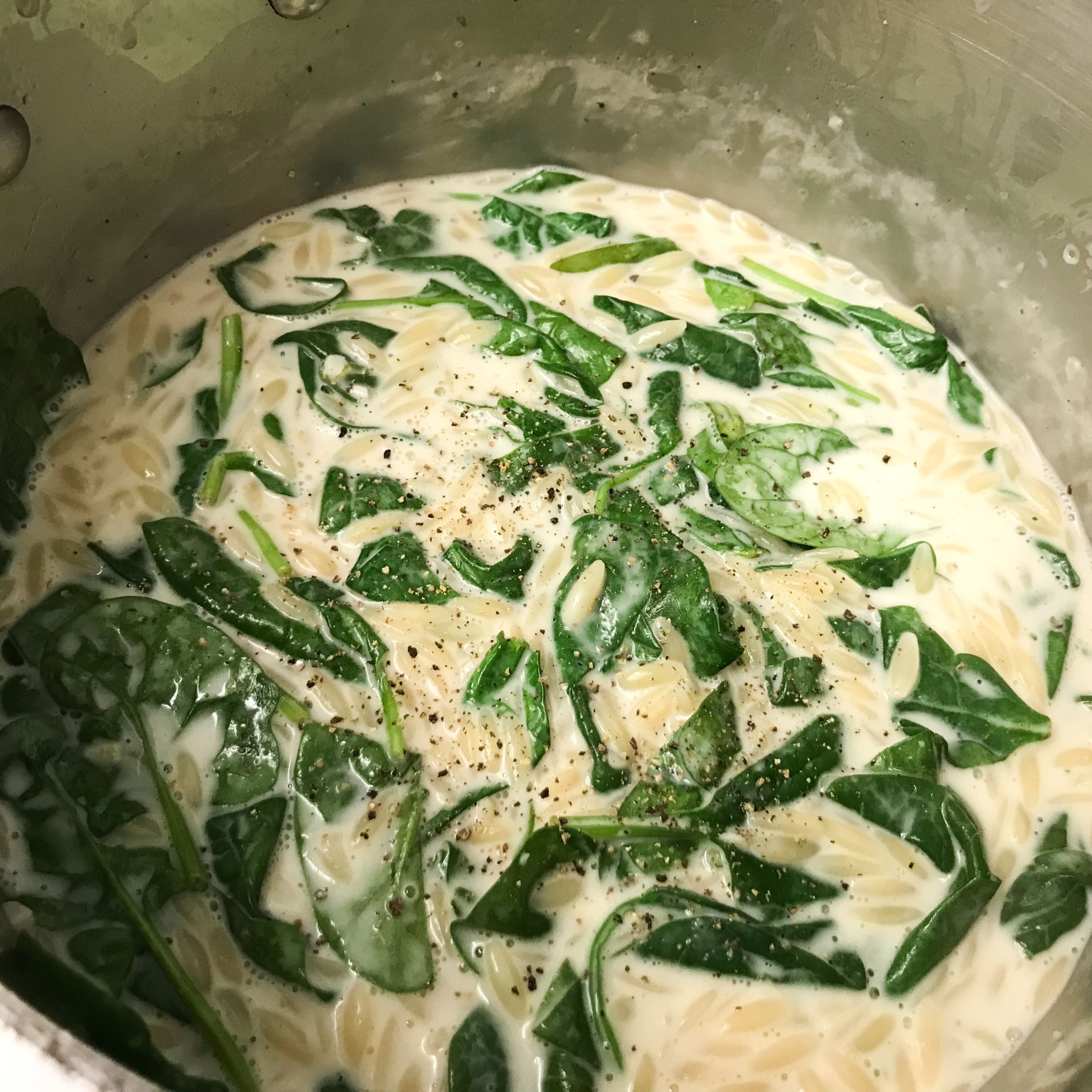 spinach orzo and creamy stock in pot | mycuratedtastes