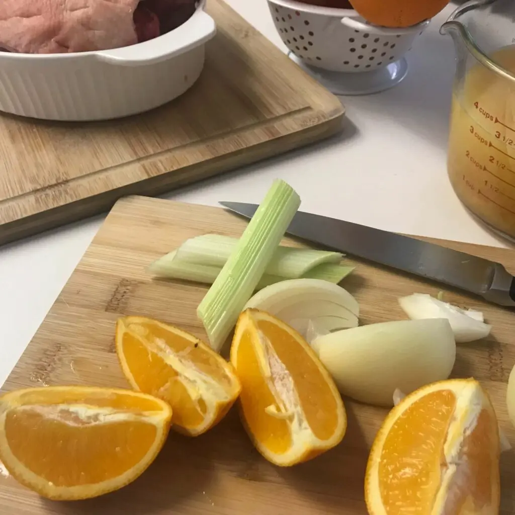cut oranges, onions and celery.