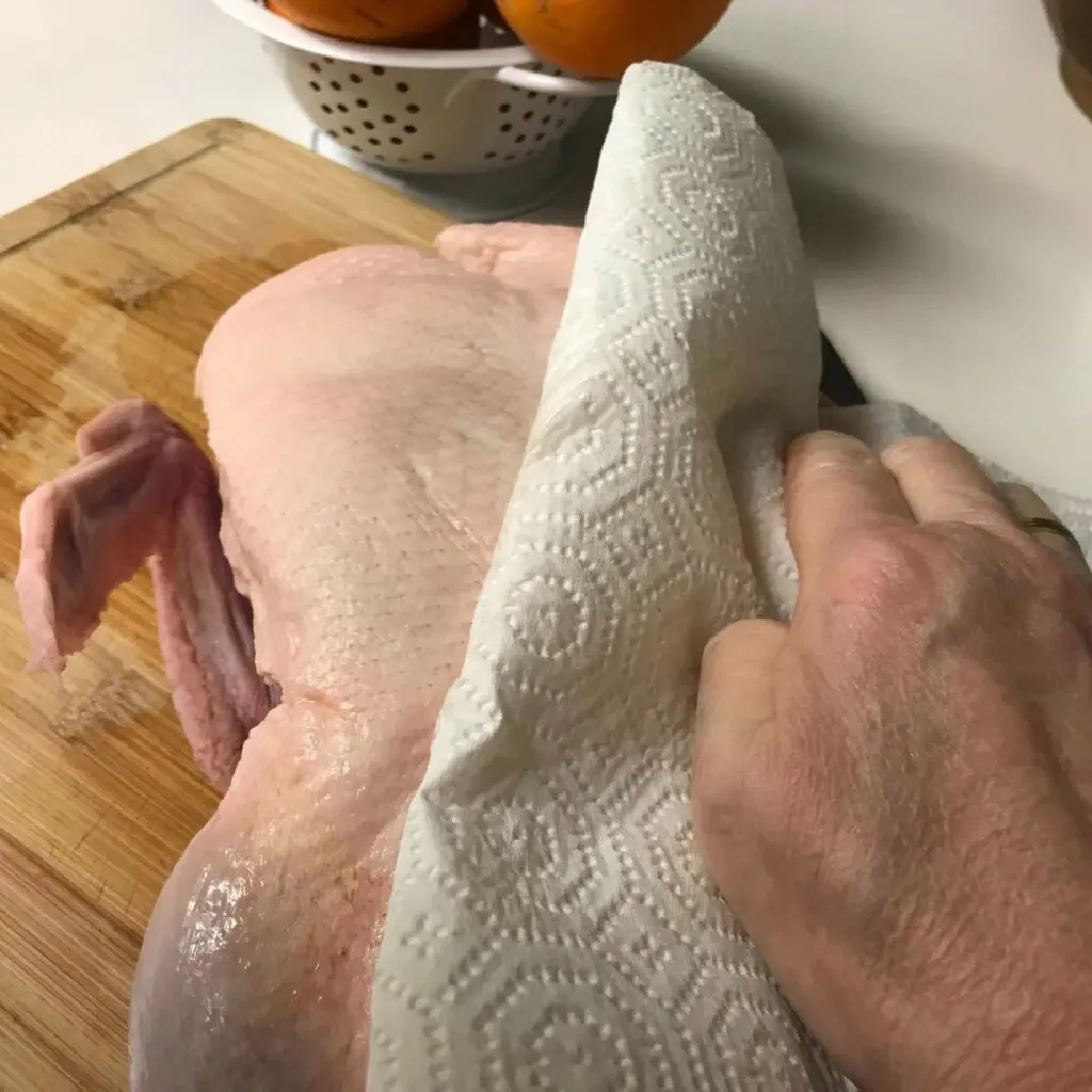 drying duck with paper towel.