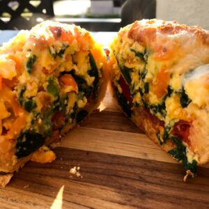 cut scrambled eggs bread bowl.