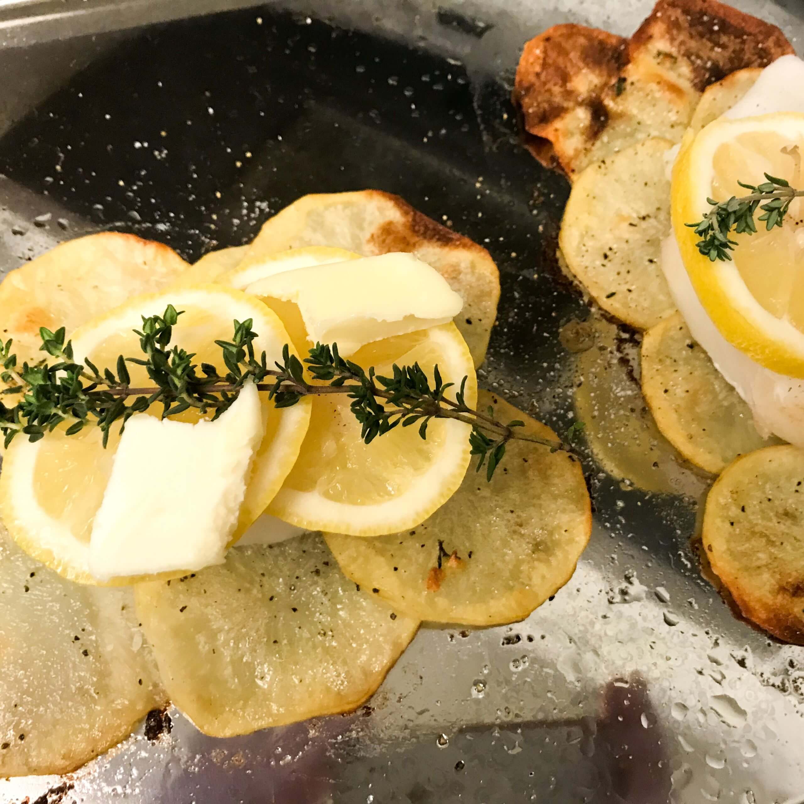 Sheet Pan Lemon Cod on Crispy Garlic Potatoes with Asparagus | My Curated Tastes