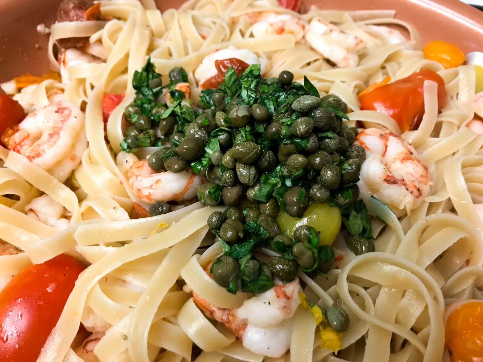 Tagliatelle With Shrimp, Capers, Lemon, And Heirloom Cherry Tomatoes