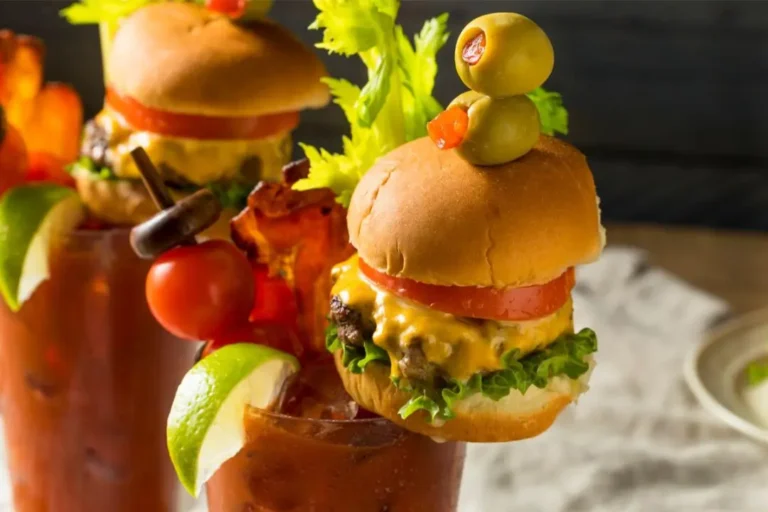 Mini burgers in a bloody mary.