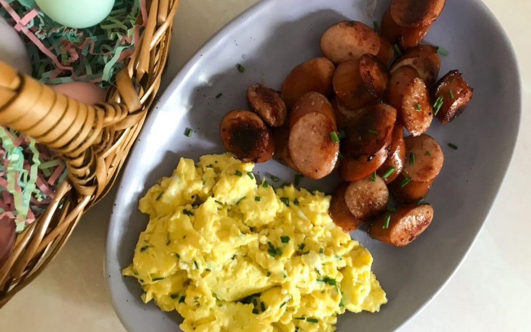 Scrambled Eggs with Chives and Pan Fried Kielbasa