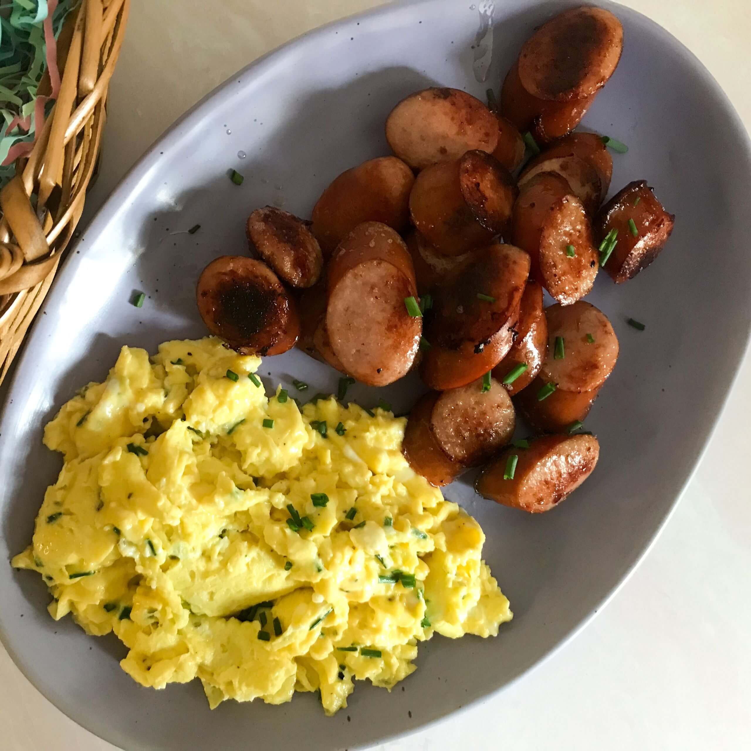 Scrambled Eggs with Chives and Pan Fried Kielbasa | My Curated Tastes