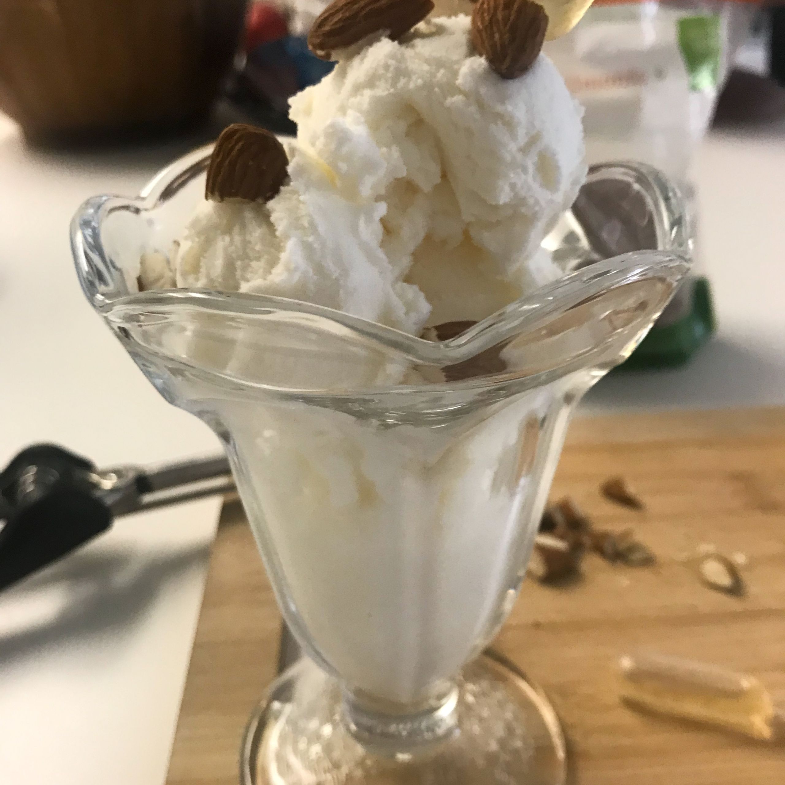 dish of no churn ice cream with nuts