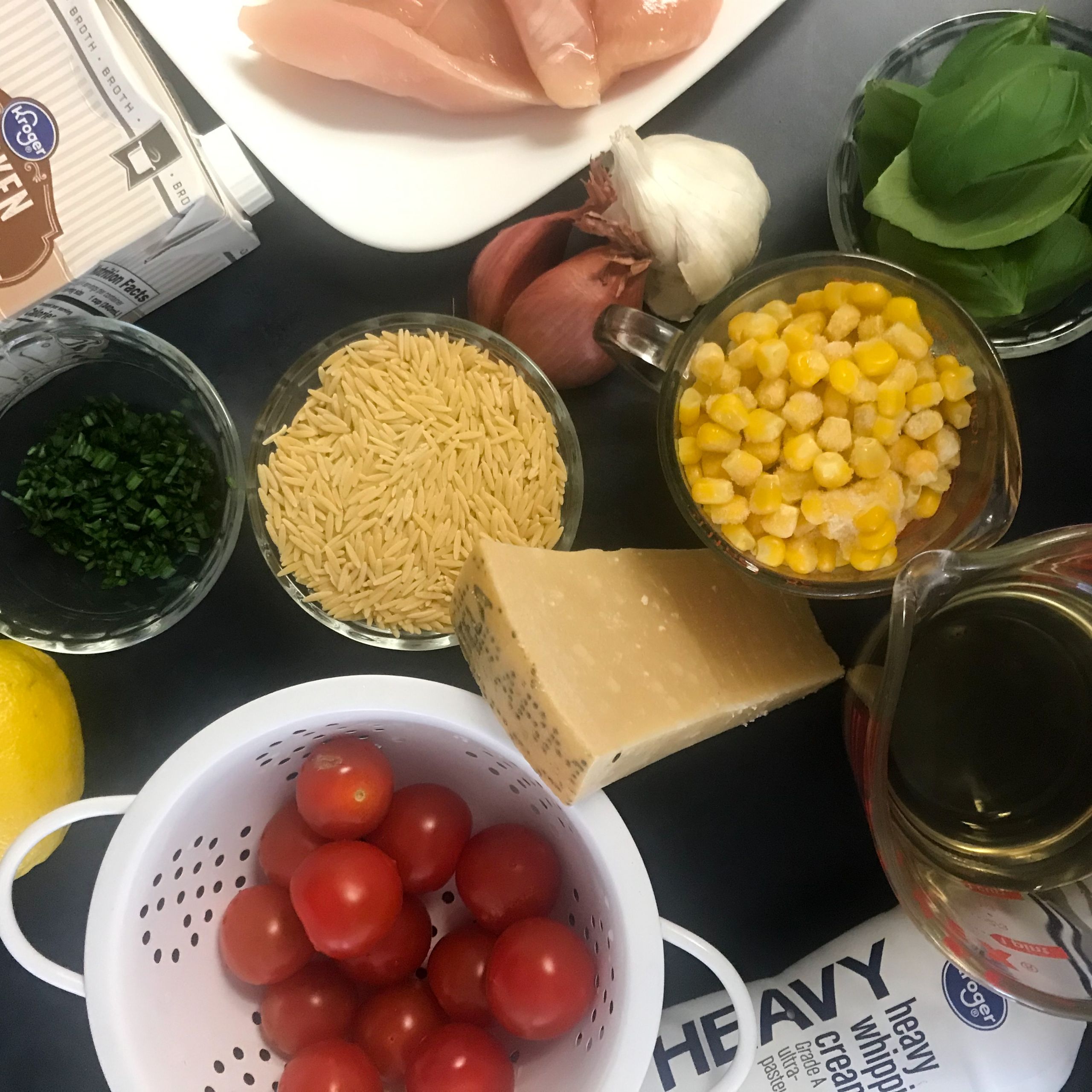 Ingredients for creamy chicken tomato corn and orzo