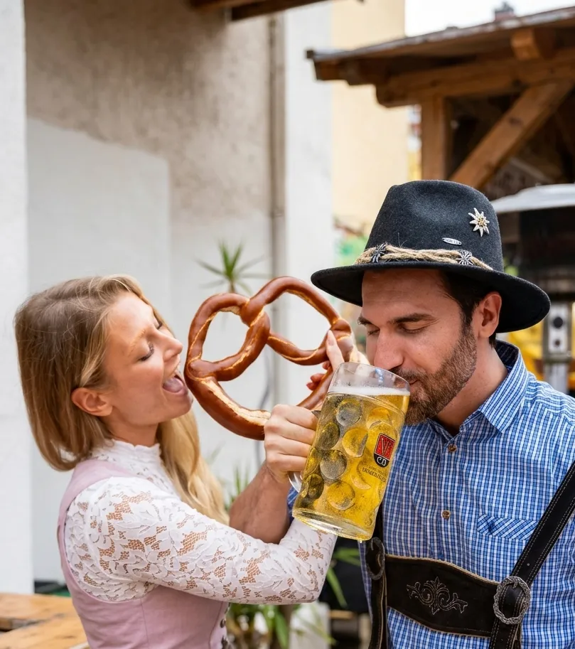 Oktoberfest eating pretzel and drinking beer.