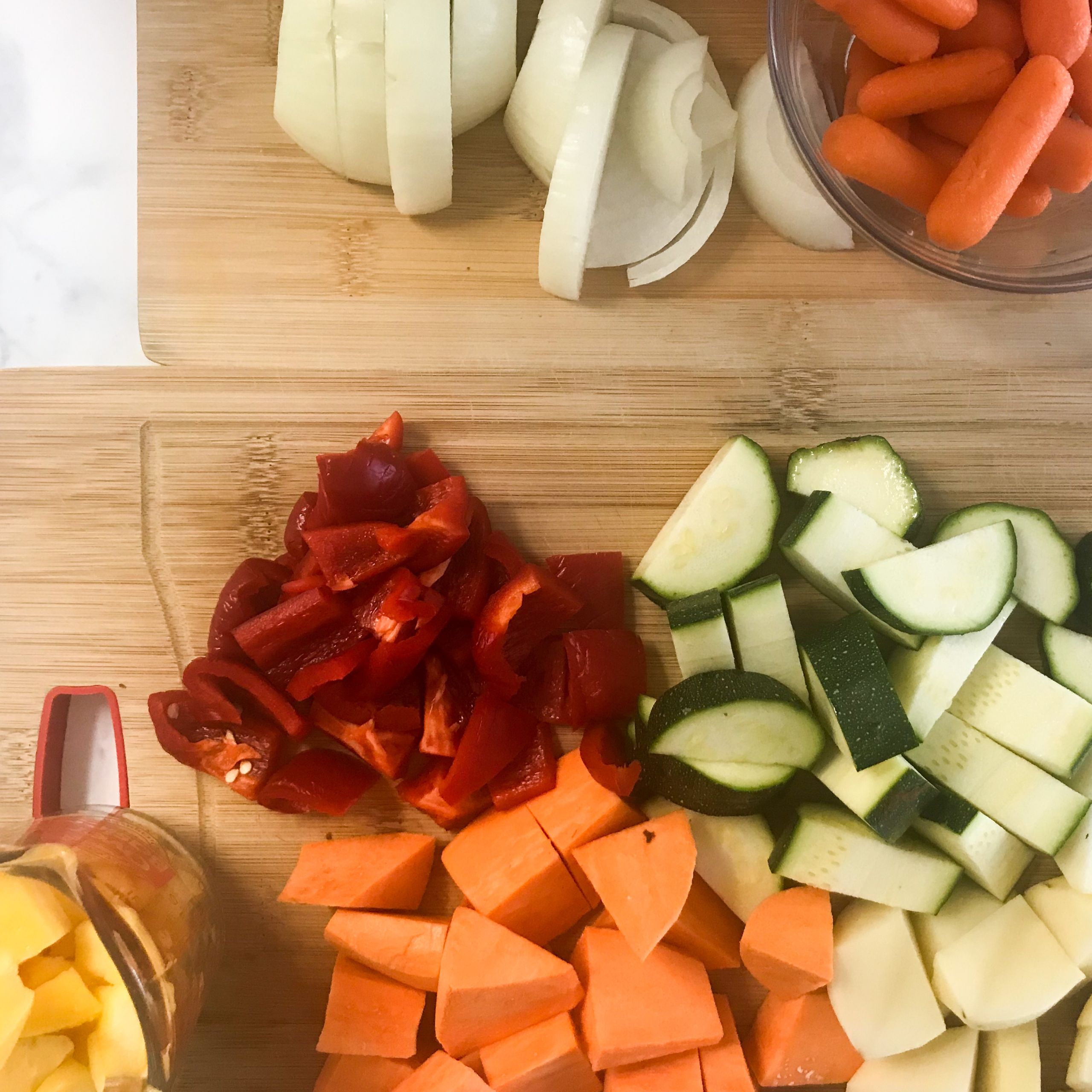 cut up veggies on a cutting board