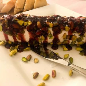 goat cheese pistachios hot red raspberry preserves