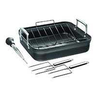 roasting pan with turkey forks and baster.