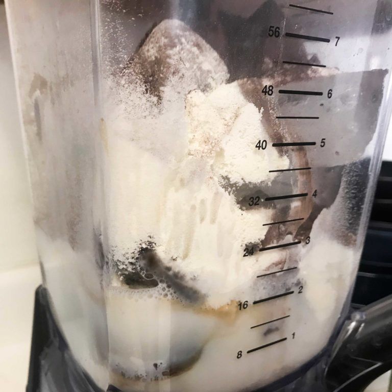 ice cubes and powdered chocolates in blender.