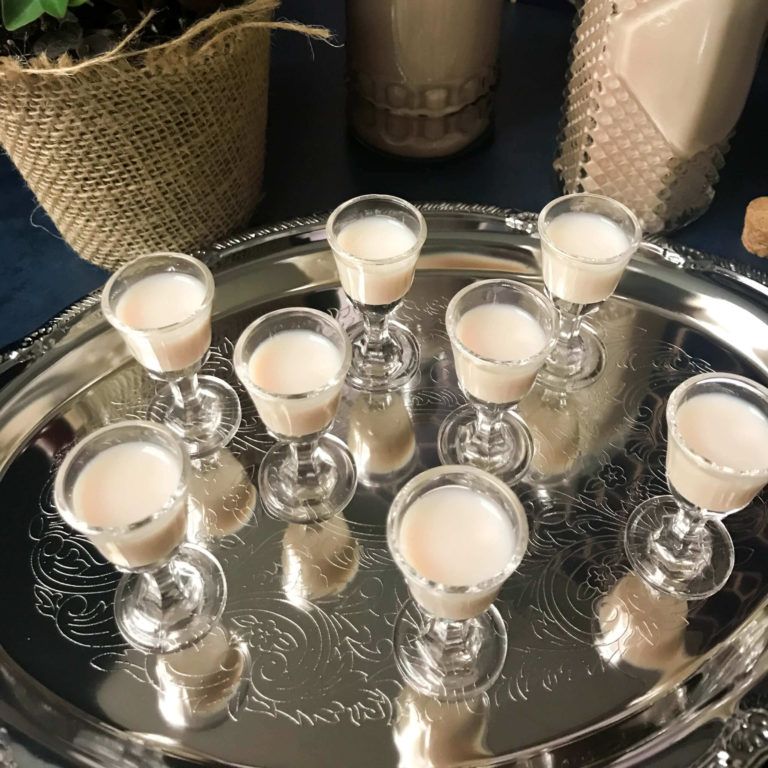 tray of glasses with Irish cream.