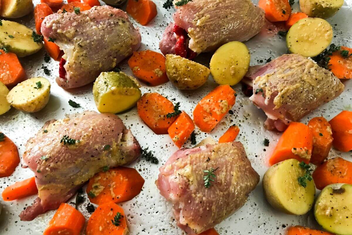 Sheet Pan Stuffed Chicken Thighs with carrots and new potatoes | My Curated Tastes