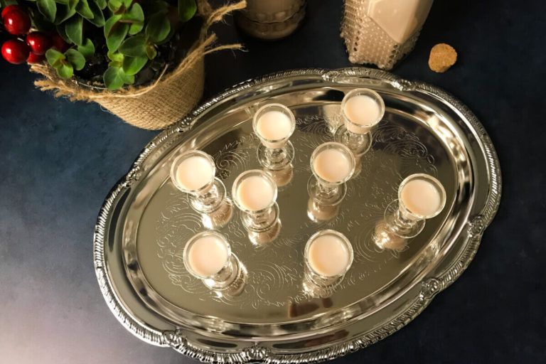 Tray of glasses with Irish cream cordial.