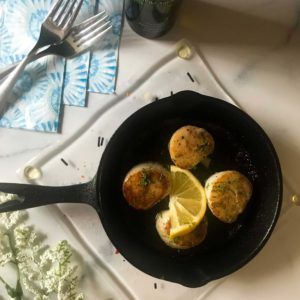 cast iron scallops with dill and lemon.