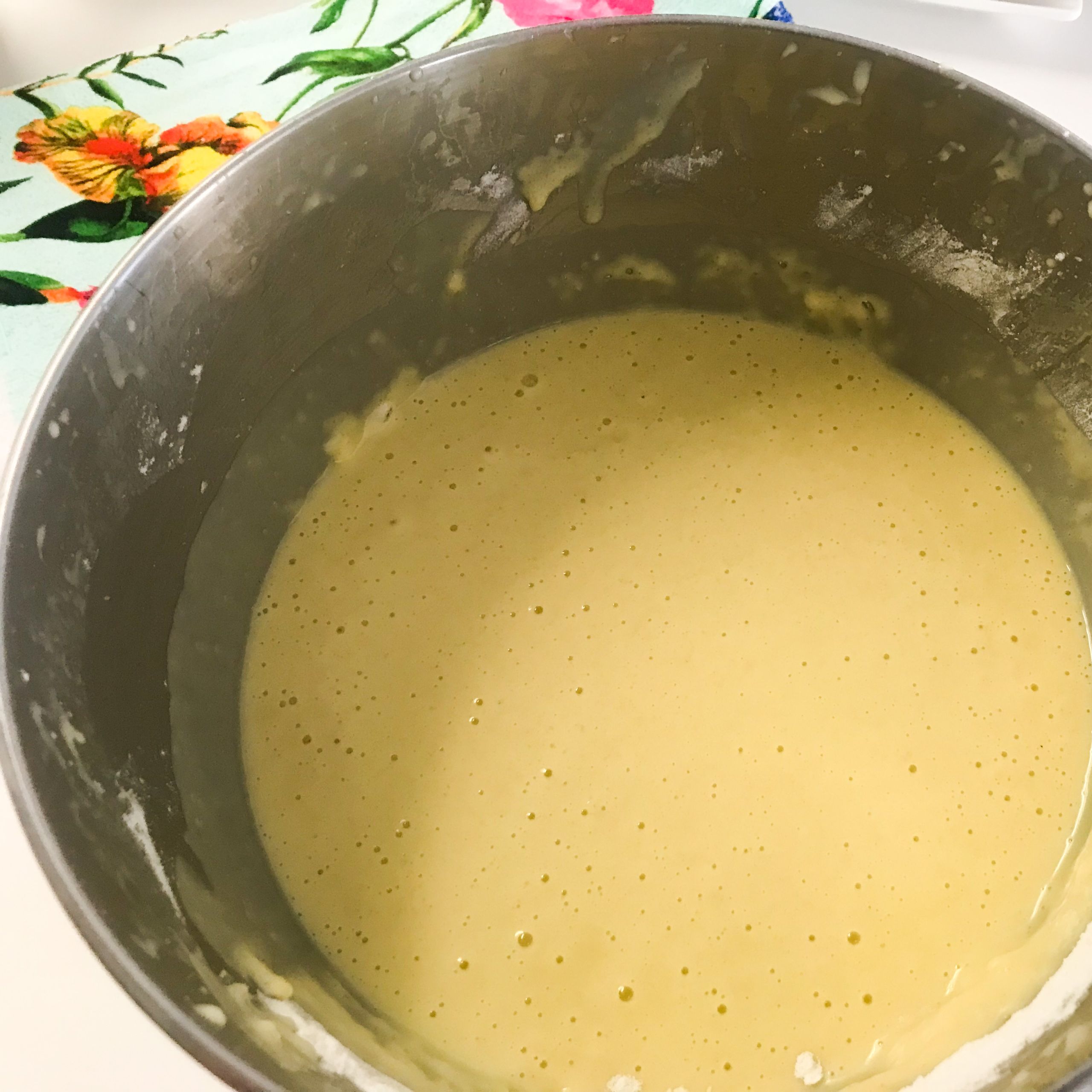 mixed cake batter in a bowl