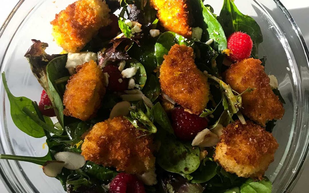 Raspberry and Lemon Salad with Crispy Chicken Croutons