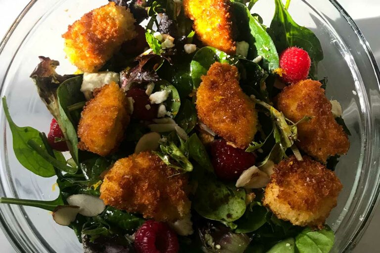 Raspberry and Lemon Salad with Crispy Chicken Croutons.
