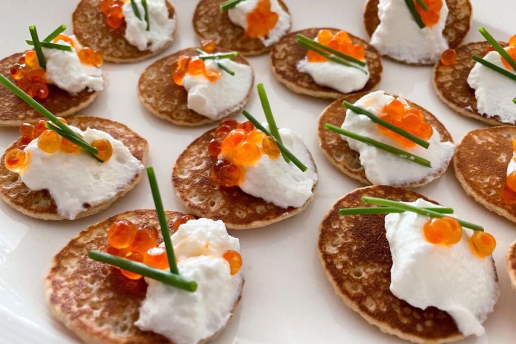 Blini with Fat Free Greek Yogurt, Salmon Roe & Chives.