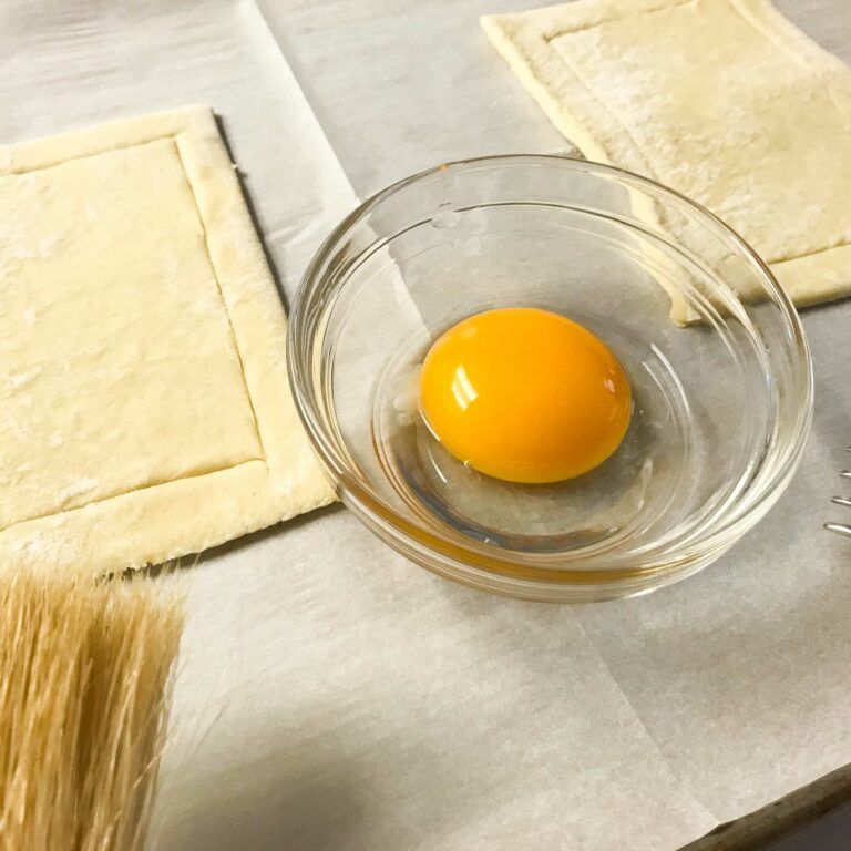 egg yolk, brush and pastry squares.