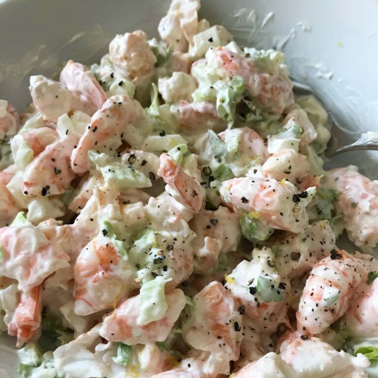 shrimp salad in a bowl.