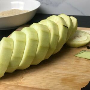 sliced, peeled eggplant.