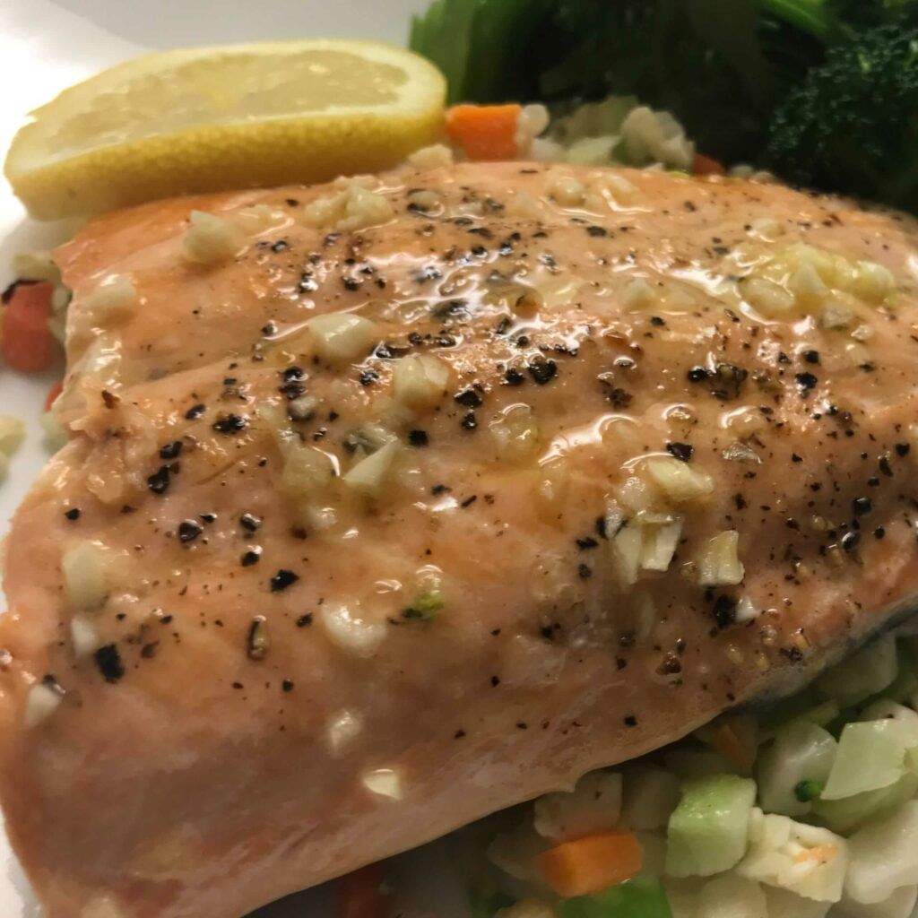 Salmon Scampi on Confetti Cauliflower Rice.