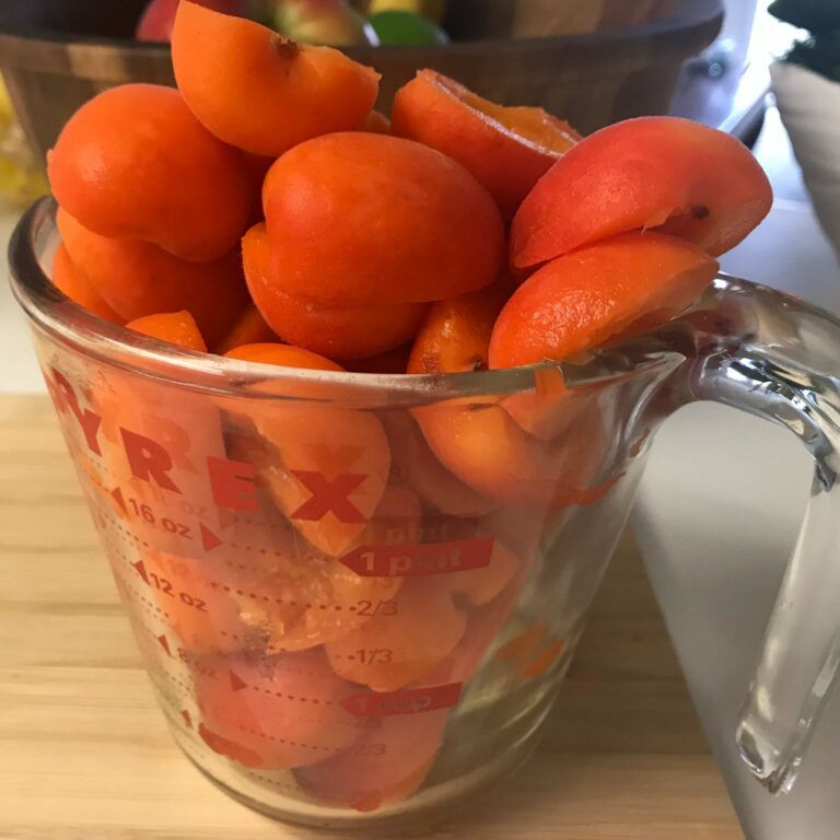 two cups of cut apricots in a measuring cup