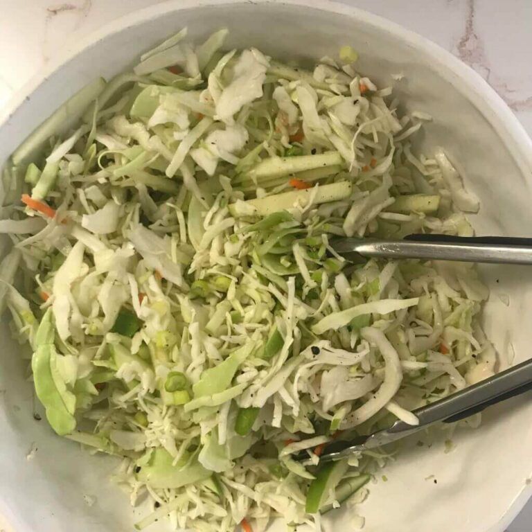 overhead view of bowl of coleslaw